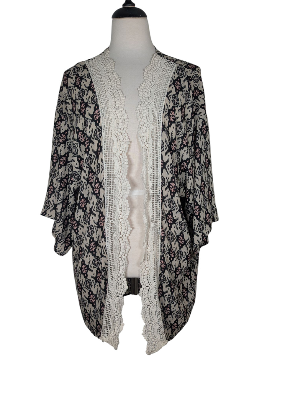 Xhilaration L/XL Open Front Crochet Trim Aztec Print Kimono Black Pink Tan